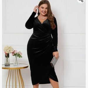 ZOMVA 2023 Plus Size Velvet Wrap Dress Ruched Bodycon Dress